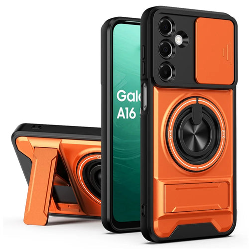 For Samsung Galaxy A16 5G  /  4G Magnetic Case Ring Holder Foldable Kickstand TPU PC Phone Cover with Camera Lens Slider - Orange - 1
