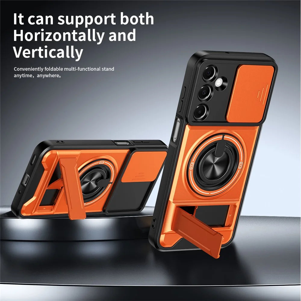 For Samsung Galaxy A16 5G  /  4G Magnetic Case Ring Holder Foldable Kickstand TPU PC Phone Cover with Camera Lens Slider - Orange - 2