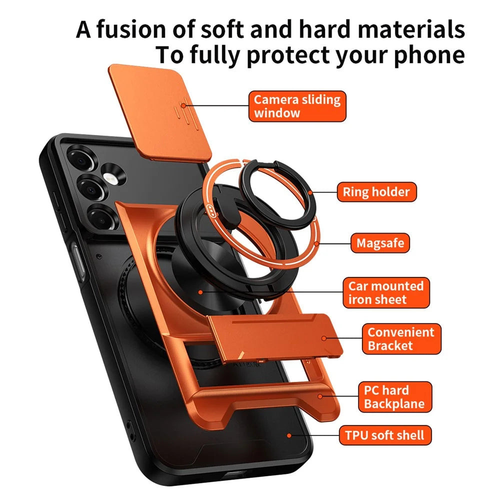 For Samsung Galaxy A16 5G  /  4G Magnetic Case Ring Holder Foldable Kickstand TPU PC Phone Cover with Camera Lens Slider - Orange - 5