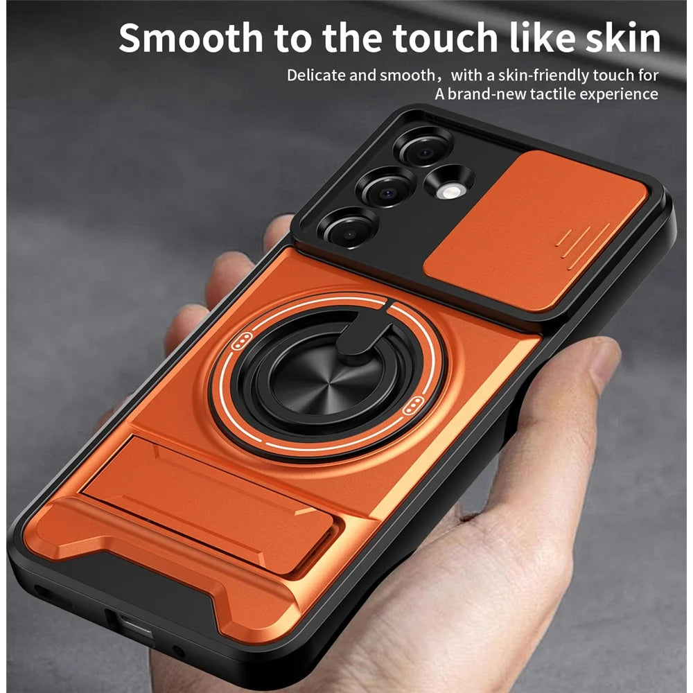 For Samsung Galaxy A16 5G  /  4G Magnetic Case Ring Holder Foldable Kickstand TPU PC Phone Cover with Camera Lens Slider - Orange - 7