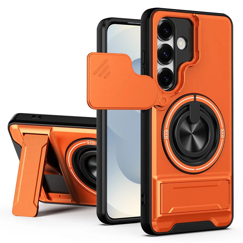 For Samsung Galaxy S25 Magnetic Case Ring Holder Foldable Kickstand TPU PC Phone Cover with Camera Lens Slider - Orange - 1