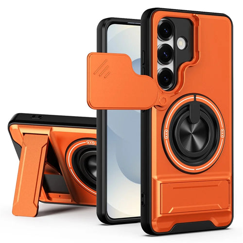 For Samsung Galaxy S25 Magnetic Case Ring Holder Foldable Kickstand TPU PC Phone Cover with Camera Lens Slider - Orange - 1