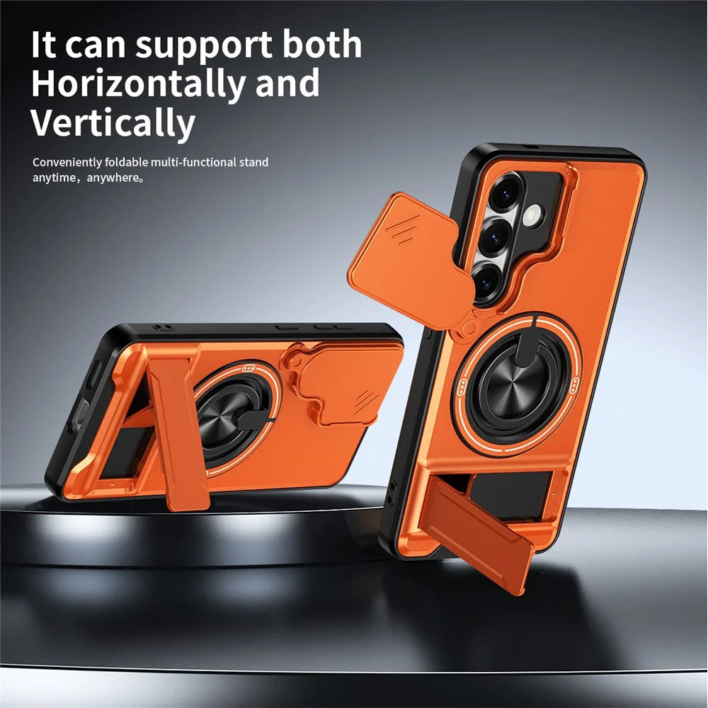For Samsung Galaxy S25 Magnetic Case Ring Holder Foldable Kickstand TPU PC Phone Cover with Camera Lens Slider - Orange - 2