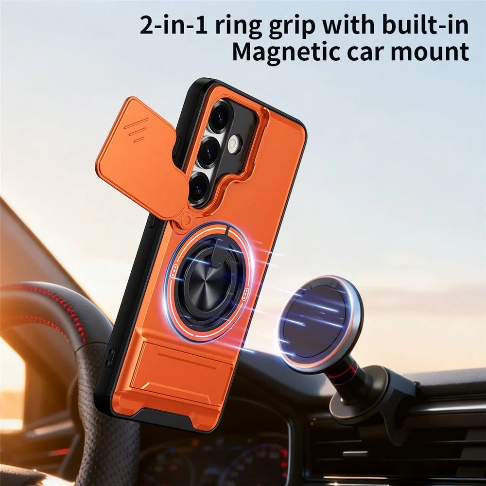 For Samsung Galaxy S25 Magnetic Case Ring Holder Foldable Kickstand TPU PC Phone Cover with Camera Lens Slider - Orange - 3