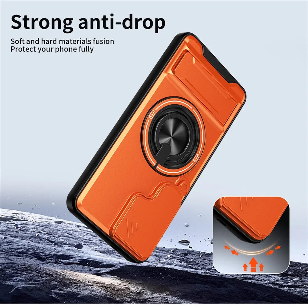 For Samsung Galaxy S25 Magnetic Case Ring Holder Foldable Kickstand TPU PC Phone Cover with Camera Lens Slider - Orange - 4