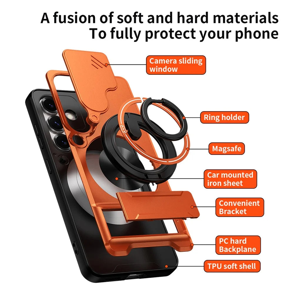 For Samsung Galaxy S25 Magnetic Case Ring Holder Foldable Kickstand TPU PC Phone Cover with Camera Lens Slider - Orange - 5