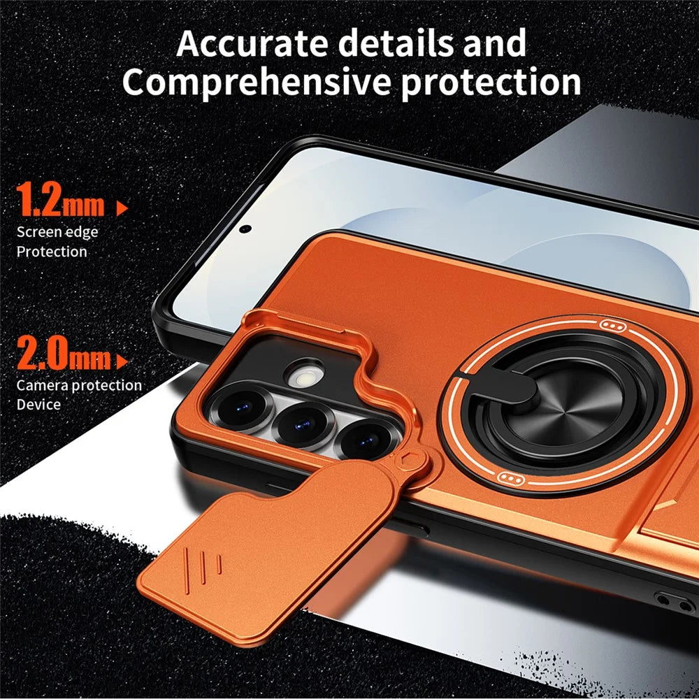 For Samsung Galaxy S25 Magnetic Case Ring Holder Foldable Kickstand TPU PC Phone Cover with Camera Lens Slider - Orange - 6