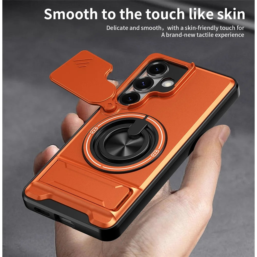 For Samsung Galaxy S25 Magnetic Case Ring Holder Foldable Kickstand TPU PC Phone Cover with Camera Lens Slider - Orange - 7