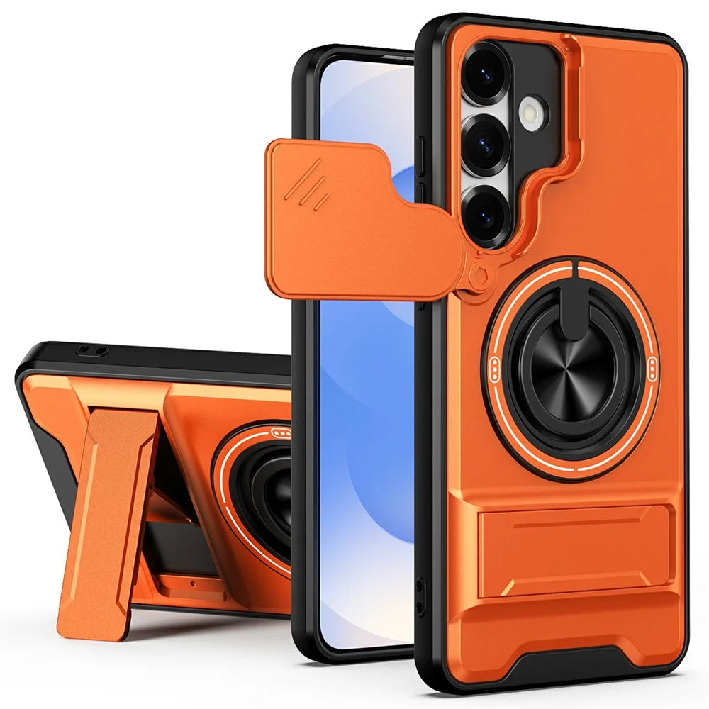 For Samsung Galaxy S25+ Magnetic Case Ring Holder Foldable Kickstand TPU PC Phone Cover with Camera Lens Slider - Orange - 1