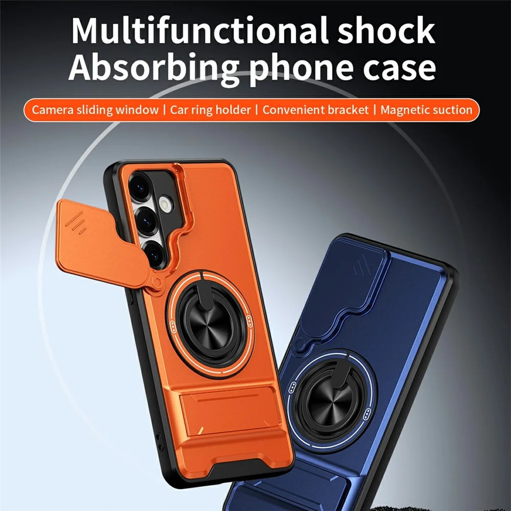 For Samsung Galaxy S25+ Magnetic Case Ring Holder Foldable Kickstand TPU PC Phone Cover with Camera Lens Slider - Orange - 2