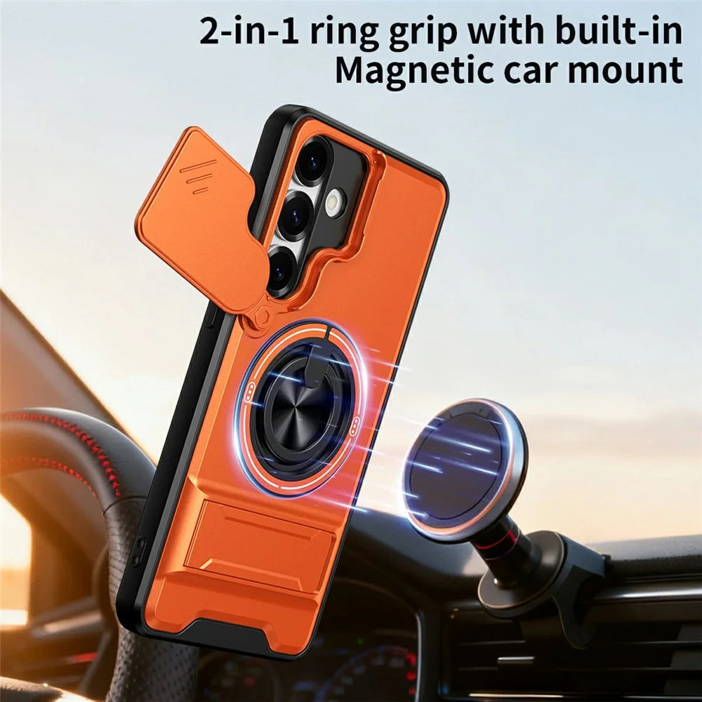 For Samsung Galaxy S25+ Magnetic Case Ring Holder Foldable Kickstand TPU PC Phone Cover with Camera Lens Slider - Orange - 3
