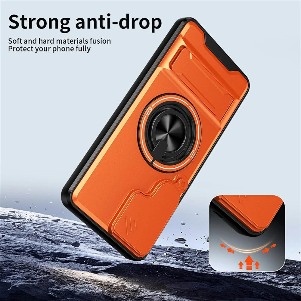 For Samsung Galaxy S25+ Magnetic Case Ring Holder Foldable Kickstand TPU PC Phone Cover with Camera Lens Slider - Orange - 4