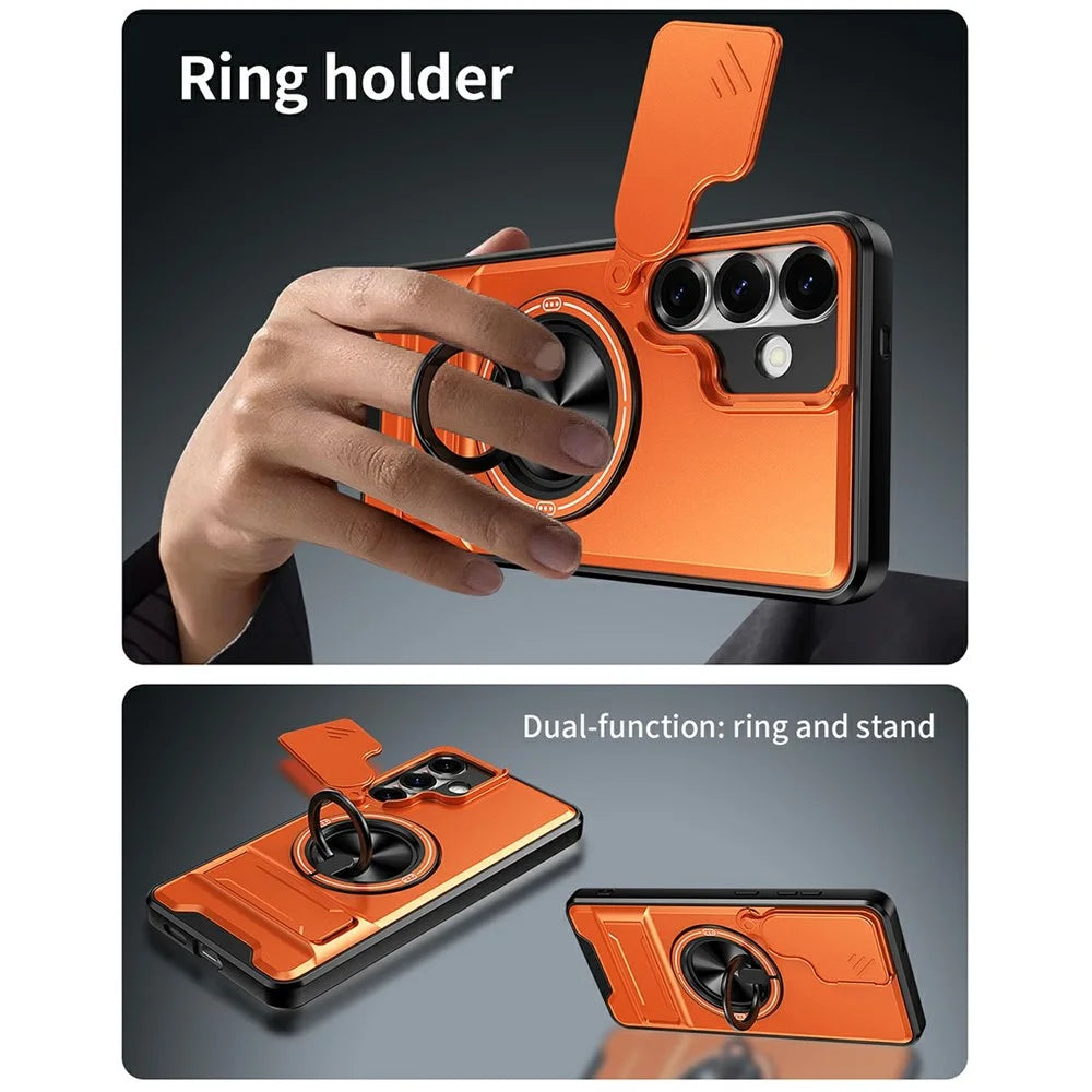 For Samsung Galaxy S25+ Magnetic Case Ring Holder Foldable Kickstand TPU PC Phone Cover with Camera Lens Slider - Orange - 5