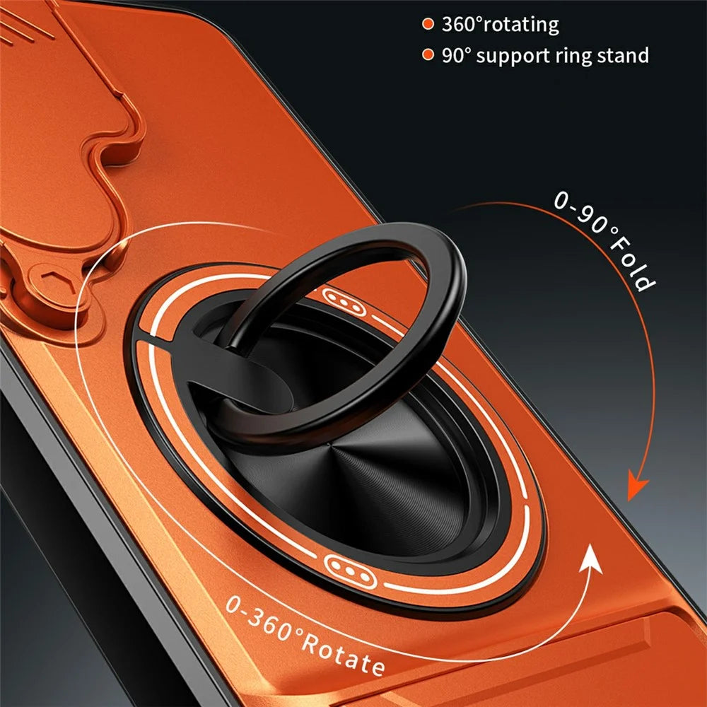 For Samsung Galaxy S25+ Magnetic Case Ring Holder Foldable Kickstand TPU PC Phone Cover with Camera Lens Slider - Orange - 6