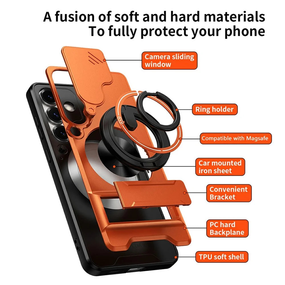 For Samsung Galaxy S25+ Magnetic Case Ring Holder Foldable Kickstand TPU PC Phone Cover with Camera Lens Slider - Orange - 7