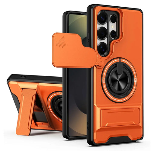 For Samsung Galaxy S25 Ultra Magnetic Case Ring Holder Foldable Kickstand TPU PC Phone Cover with Camera Lens Slider - Orange - 1