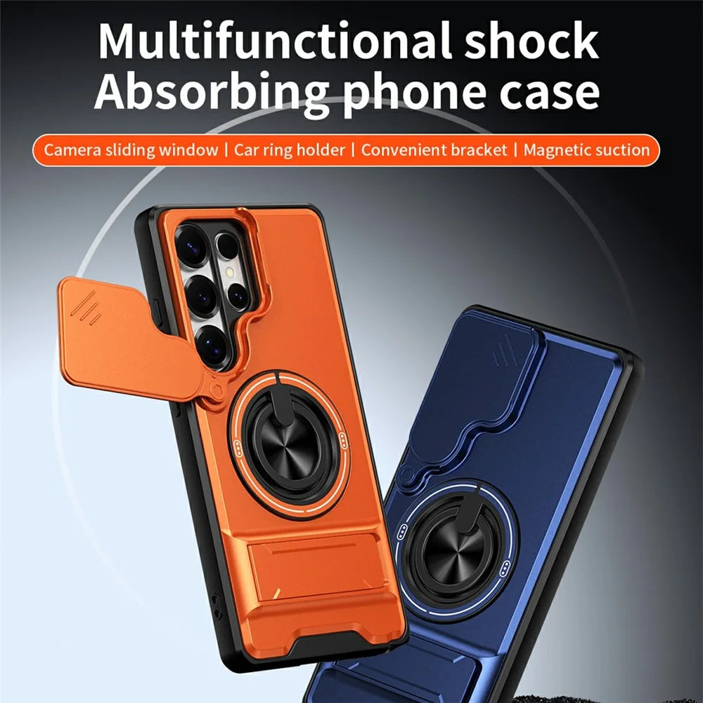 For Samsung Galaxy S25 Ultra Magnetic Case Ring Holder Foldable Kickstand TPU PC Phone Cover with Camera Lens Slider - Orange - 2