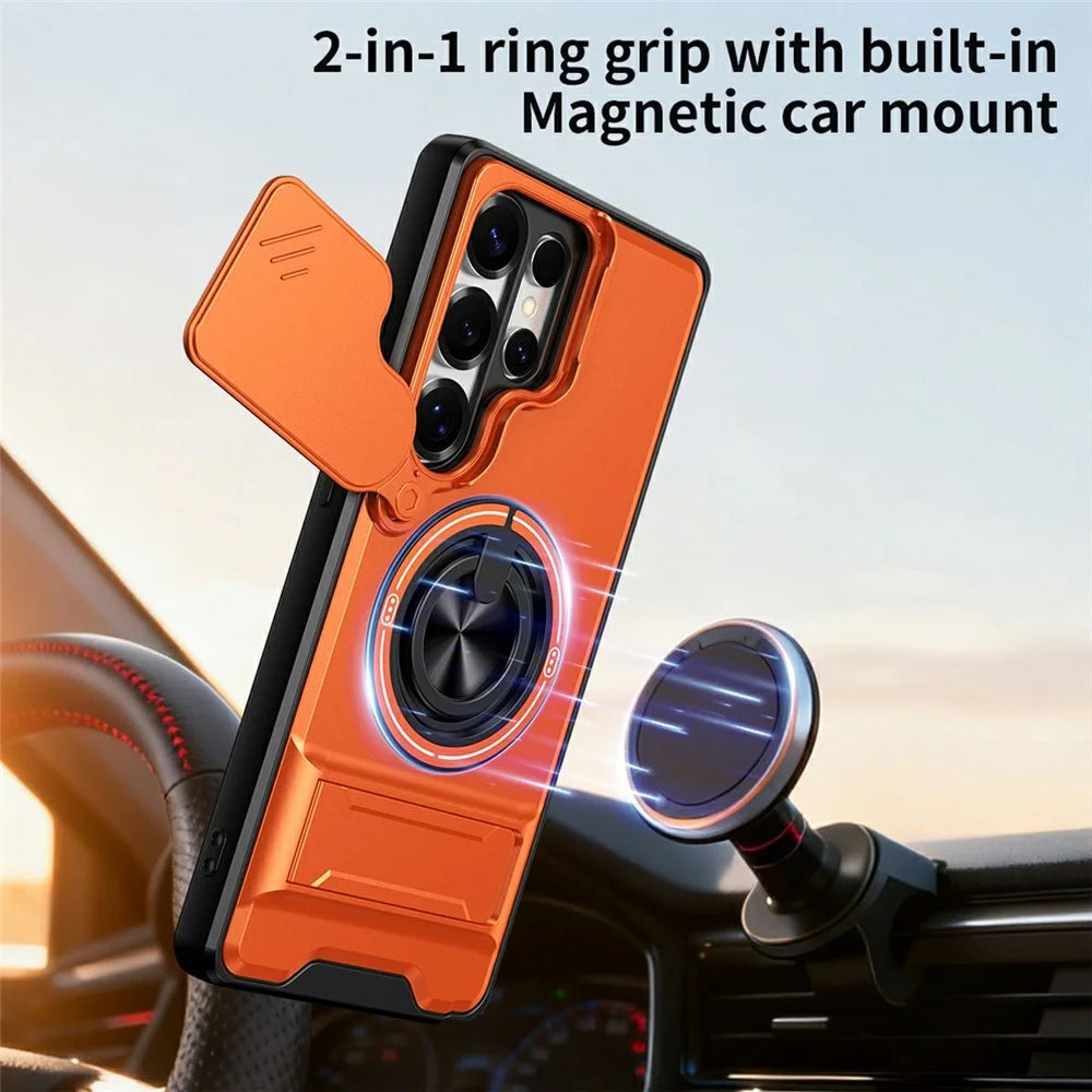 For Samsung Galaxy S25 Ultra Magnetic Case Ring Holder Foldable Kickstand TPU PC Phone Cover with Camera Lens Slider - Orange - 3