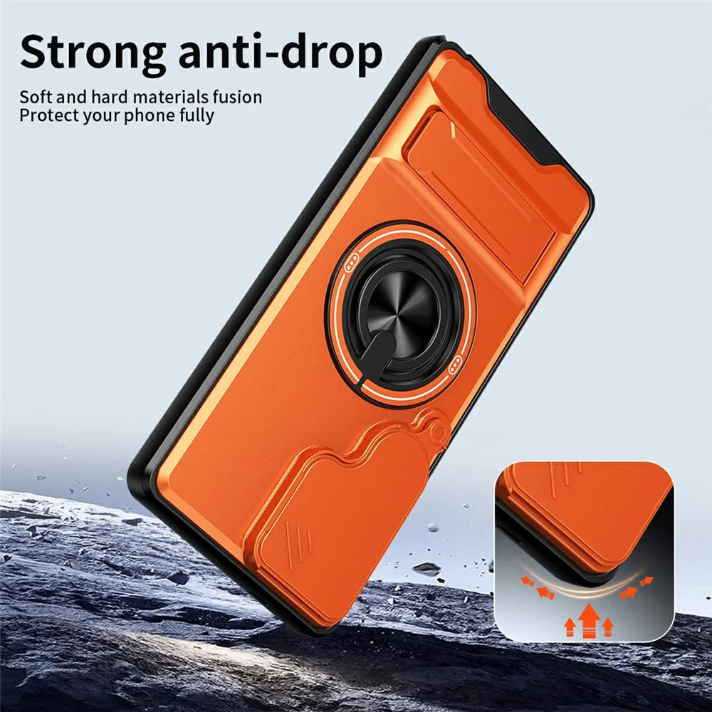 For Samsung Galaxy S25 Ultra Magnetic Case Ring Holder Foldable Kickstand TPU PC Phone Cover with Camera Lens Slider - Orange - 4
