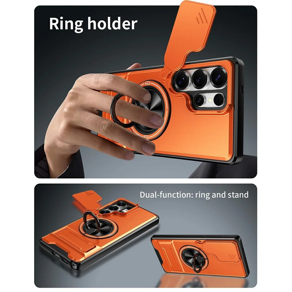 For Samsung Galaxy S25 Ultra Magnetic Case Ring Holder Foldable Kickstand TPU PC Phone Cover with Camera Lens Slider - Orange - 5