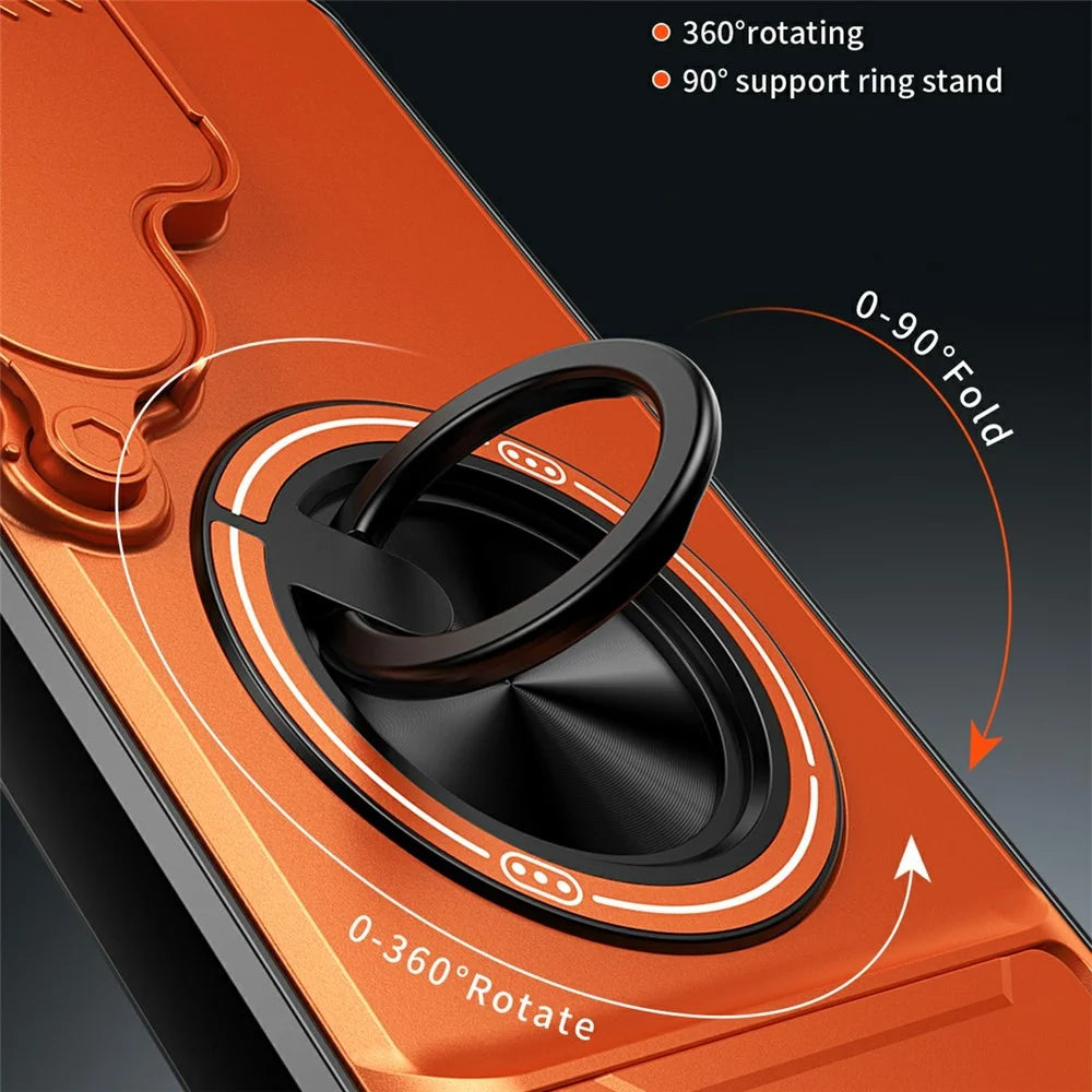 For Samsung Galaxy S25 Ultra Magnetic Case Ring Holder Foldable Kickstand TPU PC Phone Cover with Camera Lens Slider - Orange - 6
