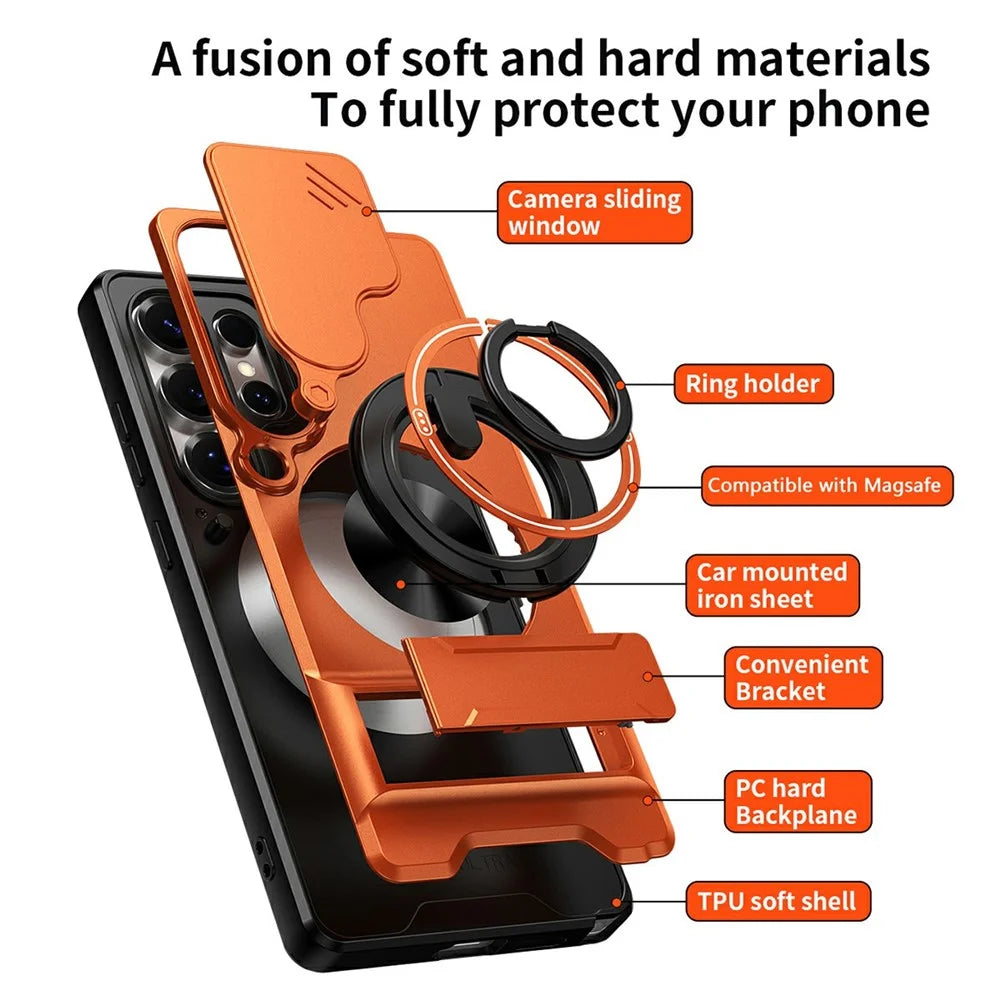 For Samsung Galaxy S25 Ultra Magnetic Case Ring Holder Foldable Kickstand TPU PC Phone Cover with Camera Lens Slider - Orange - 7