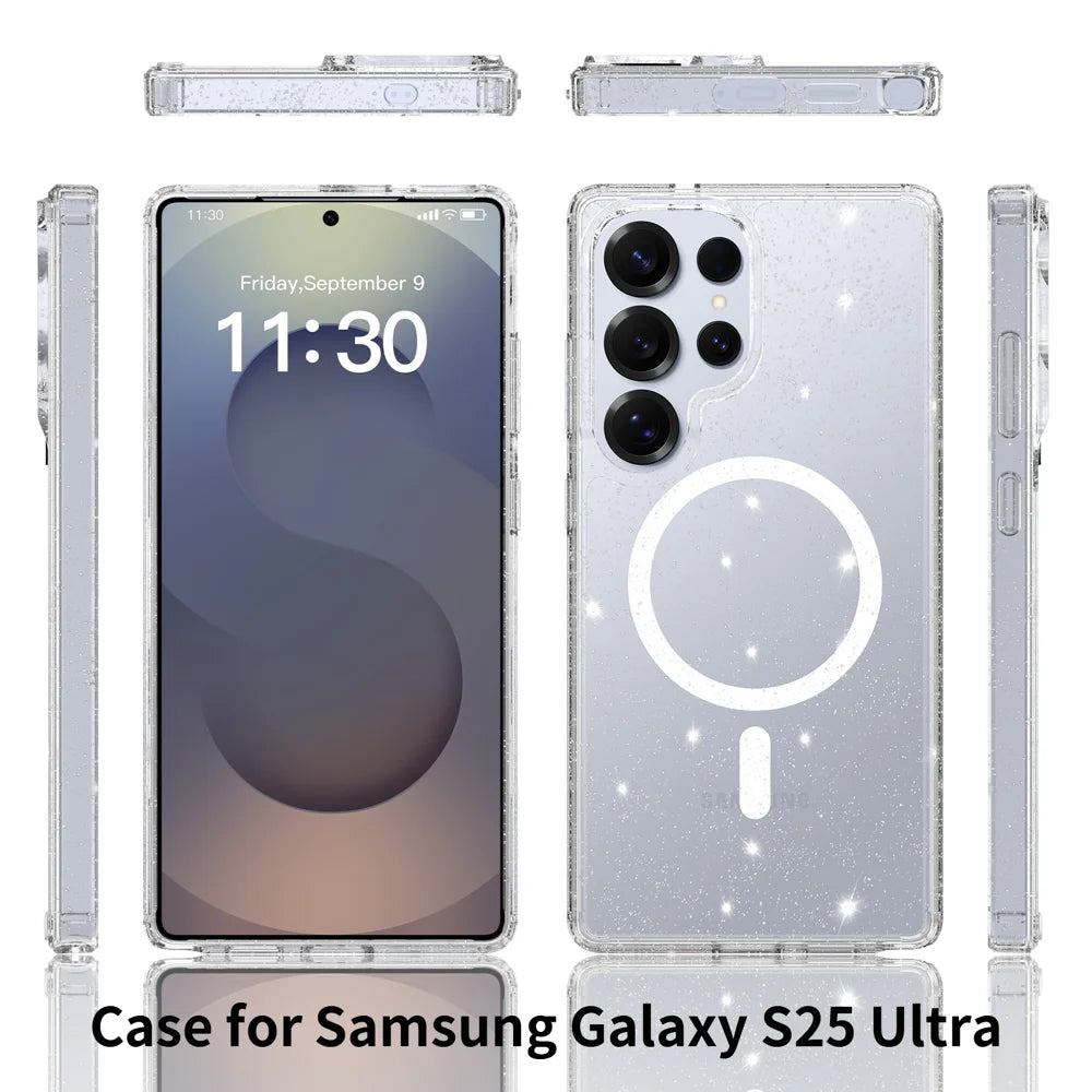 For Samsung Galaxy S25 Ultra Magnetic Case Glitter Design TPU PC PET Drop Proof Phone Cover - Transparent - 2
