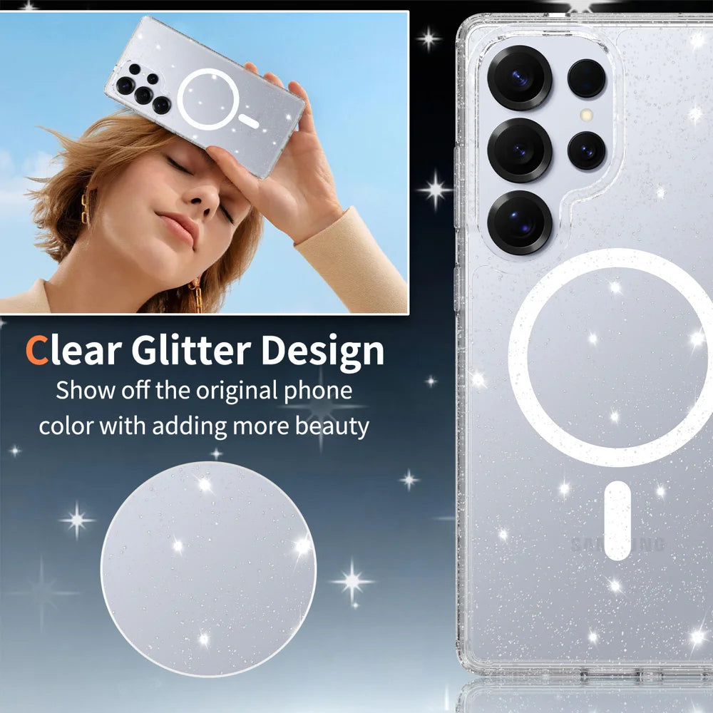 For Samsung Galaxy S25 Ultra Magnetic Case Glitter Design TPU PC PET Drop Proof Phone Cover - Transparent - 3