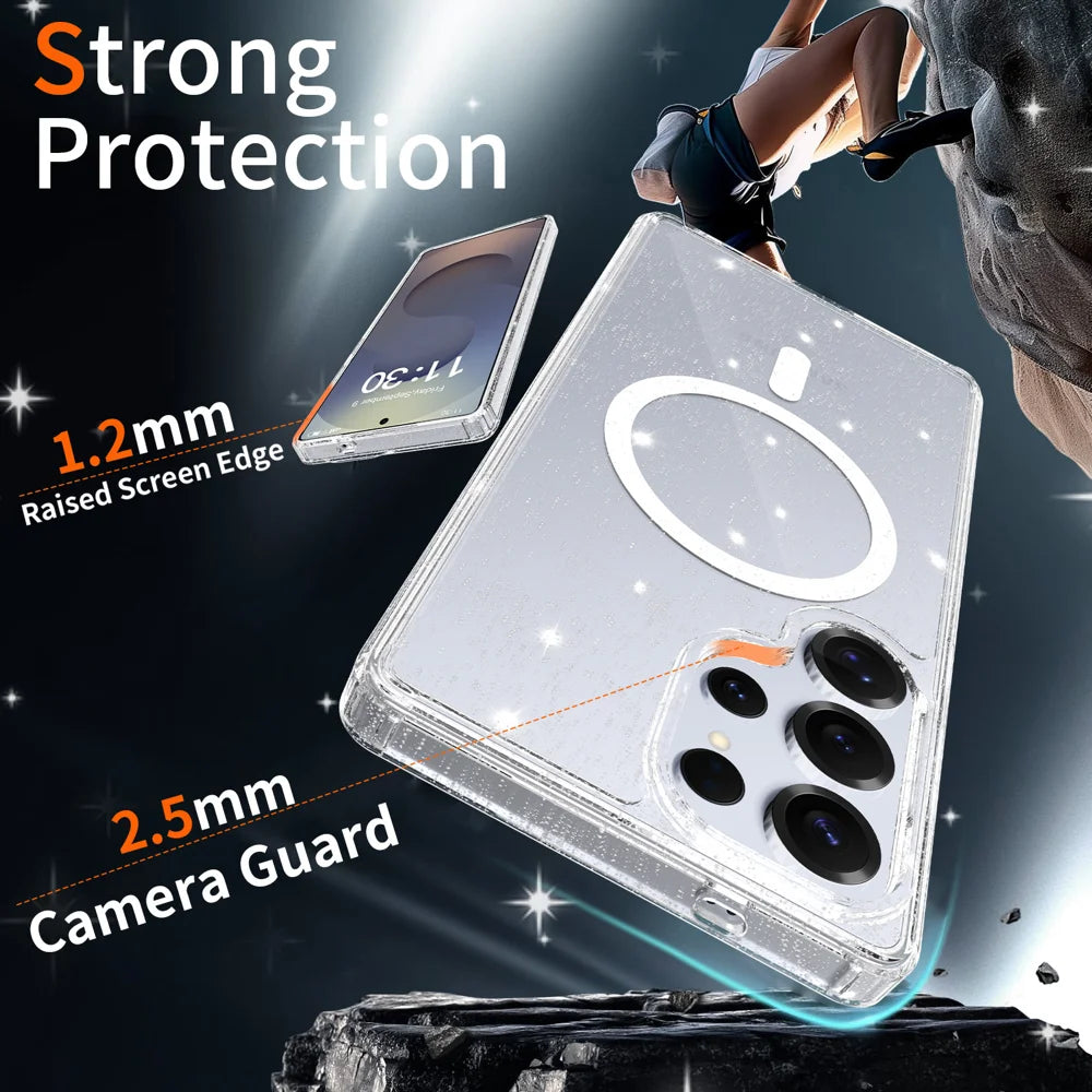 For Samsung Galaxy S25 Ultra Magnetic Case Glitter Design TPU PC PET Drop Proof Phone Cover - Transparent - 4