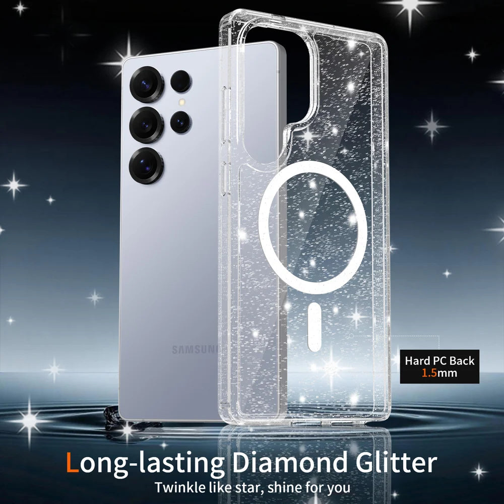 For Samsung Galaxy S25 Ultra Magnetic Case Glitter Design TPU PC PET Drop Proof Phone Cover - Transparent - 5