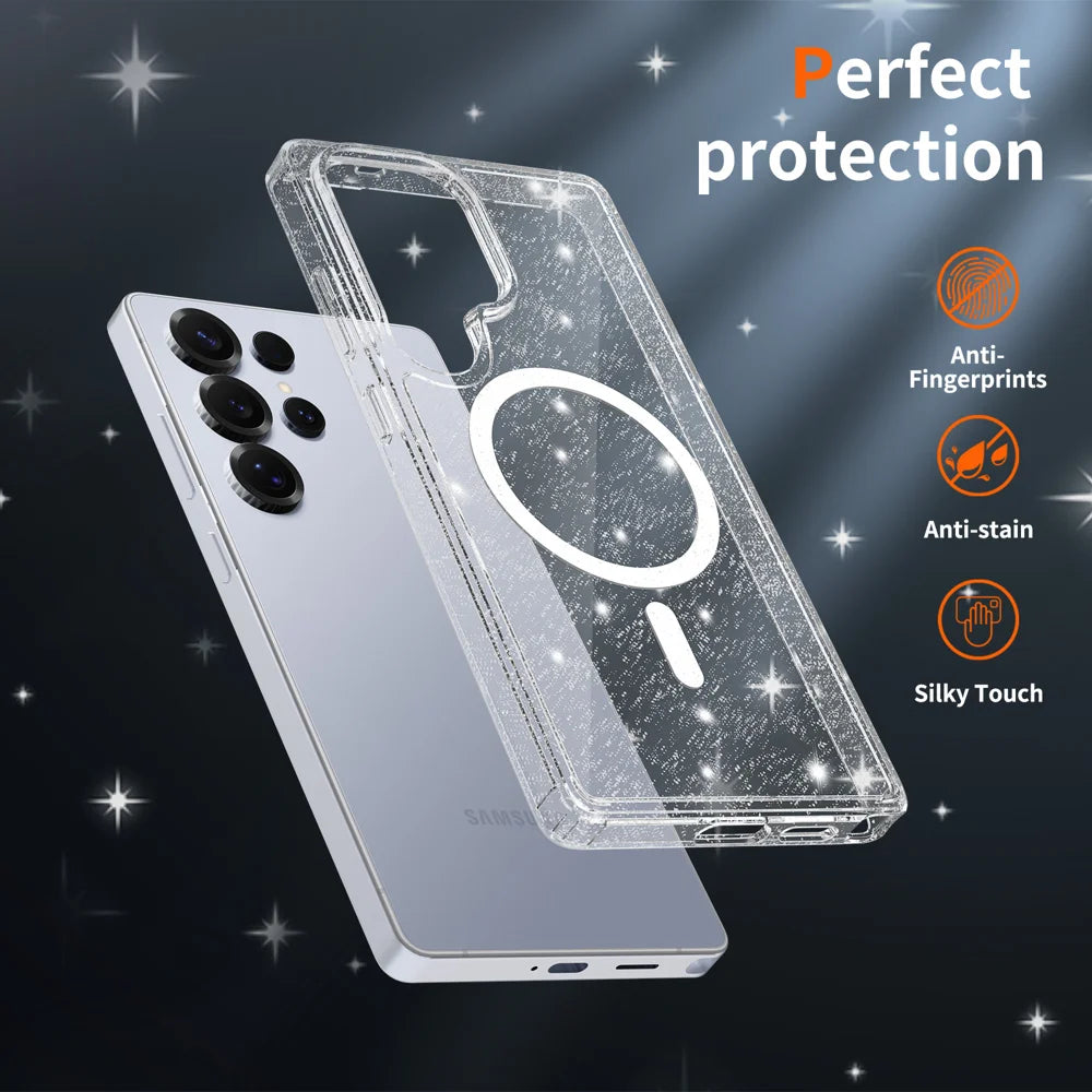 For Samsung Galaxy S25 Ultra Magnetic Case Glitter Design TPU PC PET Drop Proof Phone Cover - Transparent - 6