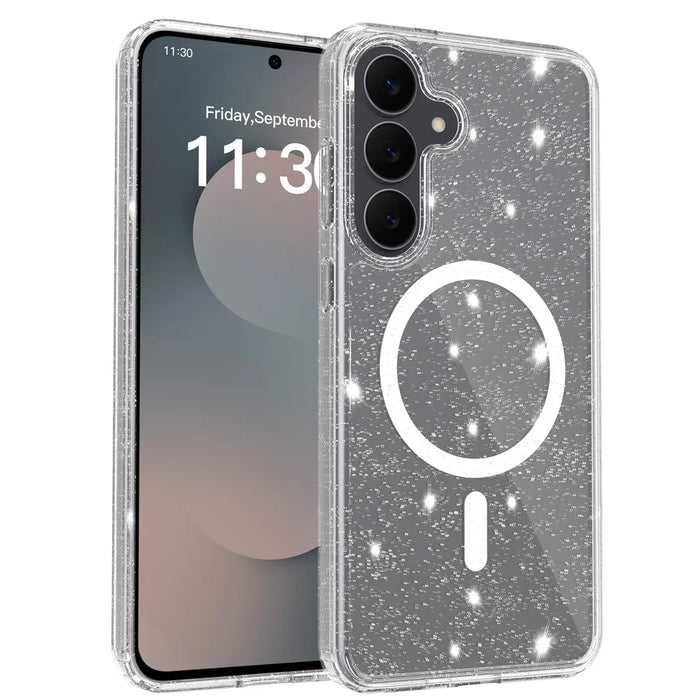 For Samsung Galaxy S25 FE Magnetic Case Glitter Design TPU PC PET Drop Proof Phone Cover - Transparent - 1