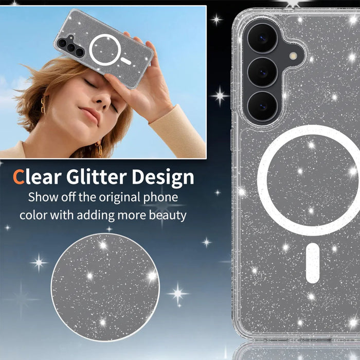 For Samsung Galaxy S25 FE Magnetic Case Glitter Design TPU PC PET Drop Proof Phone Cover - Transparent - 3