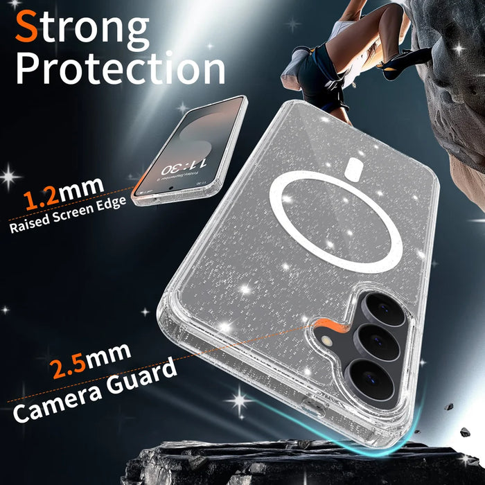 For Samsung Galaxy S25 FE Magnetic Case Glitter Design TPU PC PET Drop Proof Phone Cover - Transparent - 4