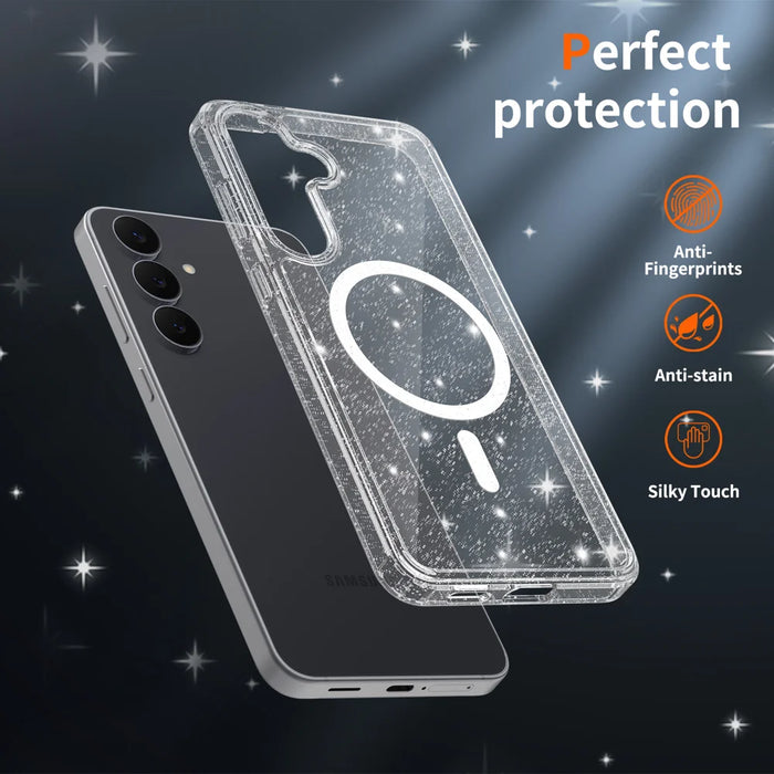 For Samsung Galaxy S25 FE Magnetic Case Glitter Design TPU PC PET Drop Proof Phone Cover - Transparent - 6