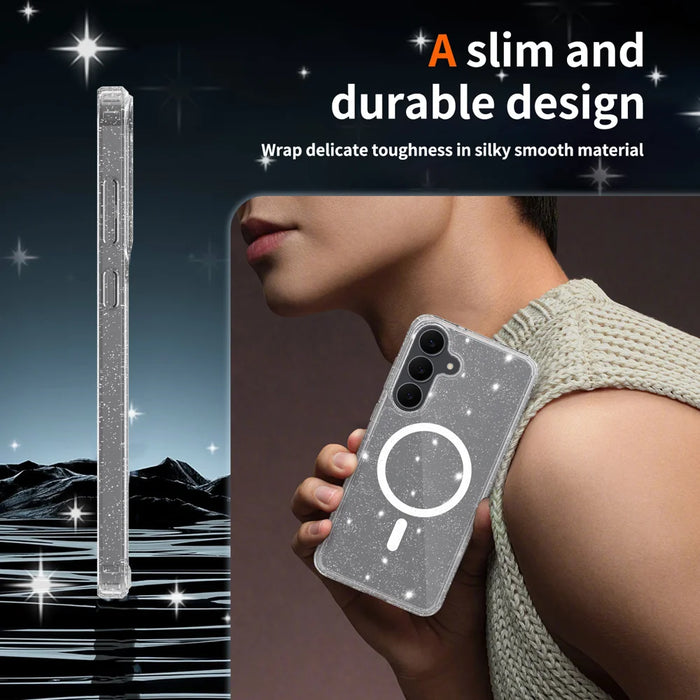 For Samsung Galaxy S25 FE Magnetic Case Glitter Design TPU PC PET Drop Proof Phone Cover - Transparent - 7