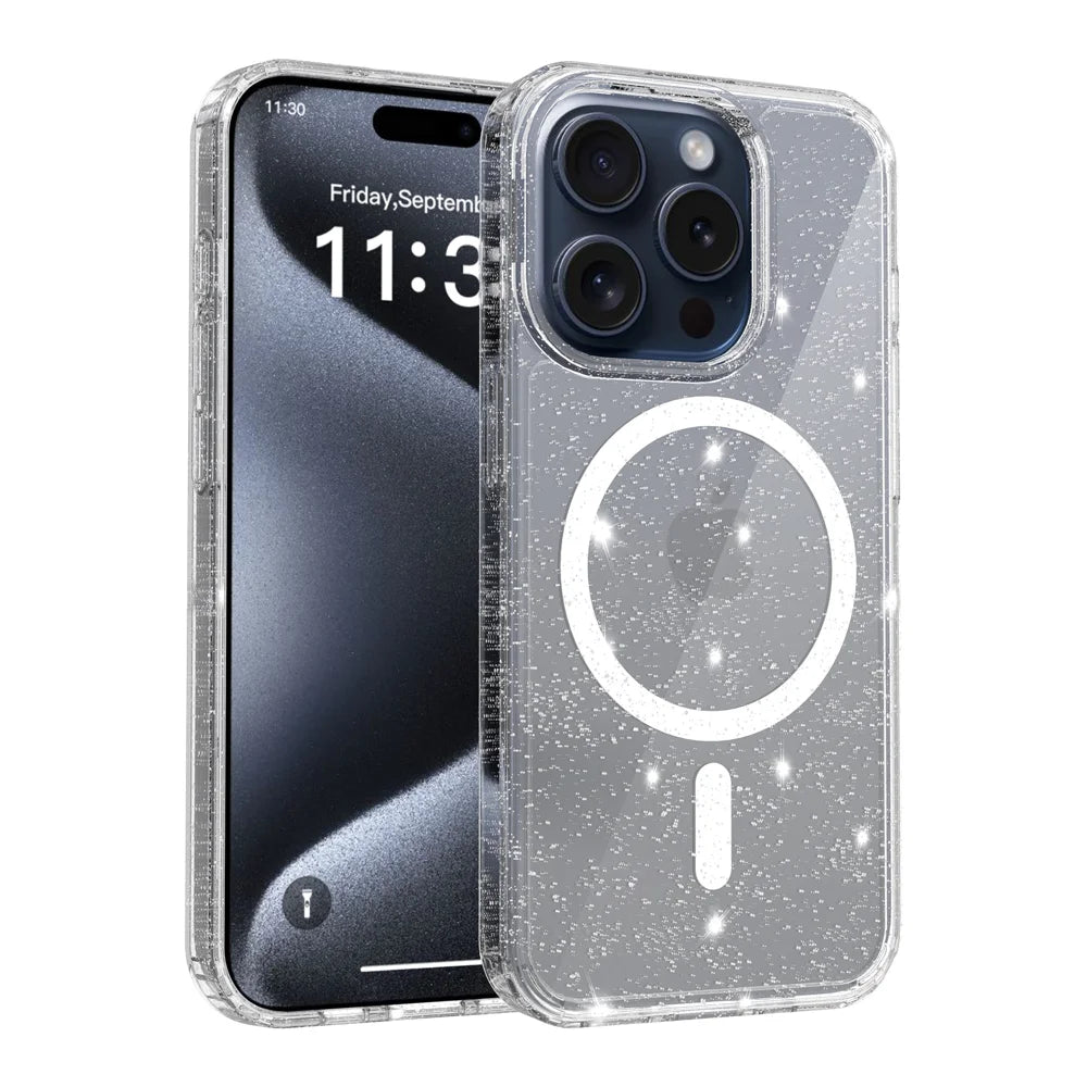 For iPhone 15 Pro Magnetic Case Glitter Design TPU PC PET Drop Proof Phone Cover - Transparent - 1