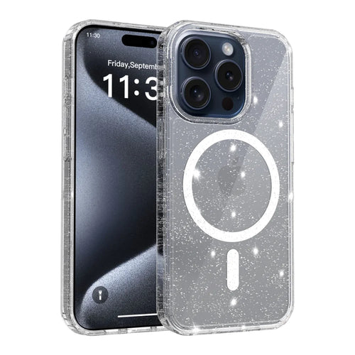 For iPhone 15 Pro Magnetic Case Glitter Design TPU PC PET Drop Proof Phone Cover - Transparent - 1