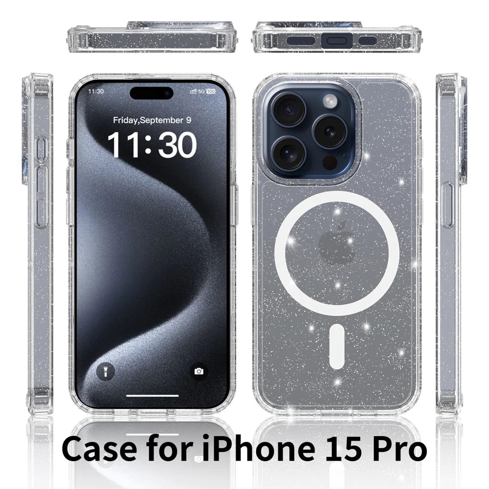 For iPhone 15 Pro Magnetic Case Glitter Design TPU PC PET Drop Proof Phone Cover - Transparent - 2