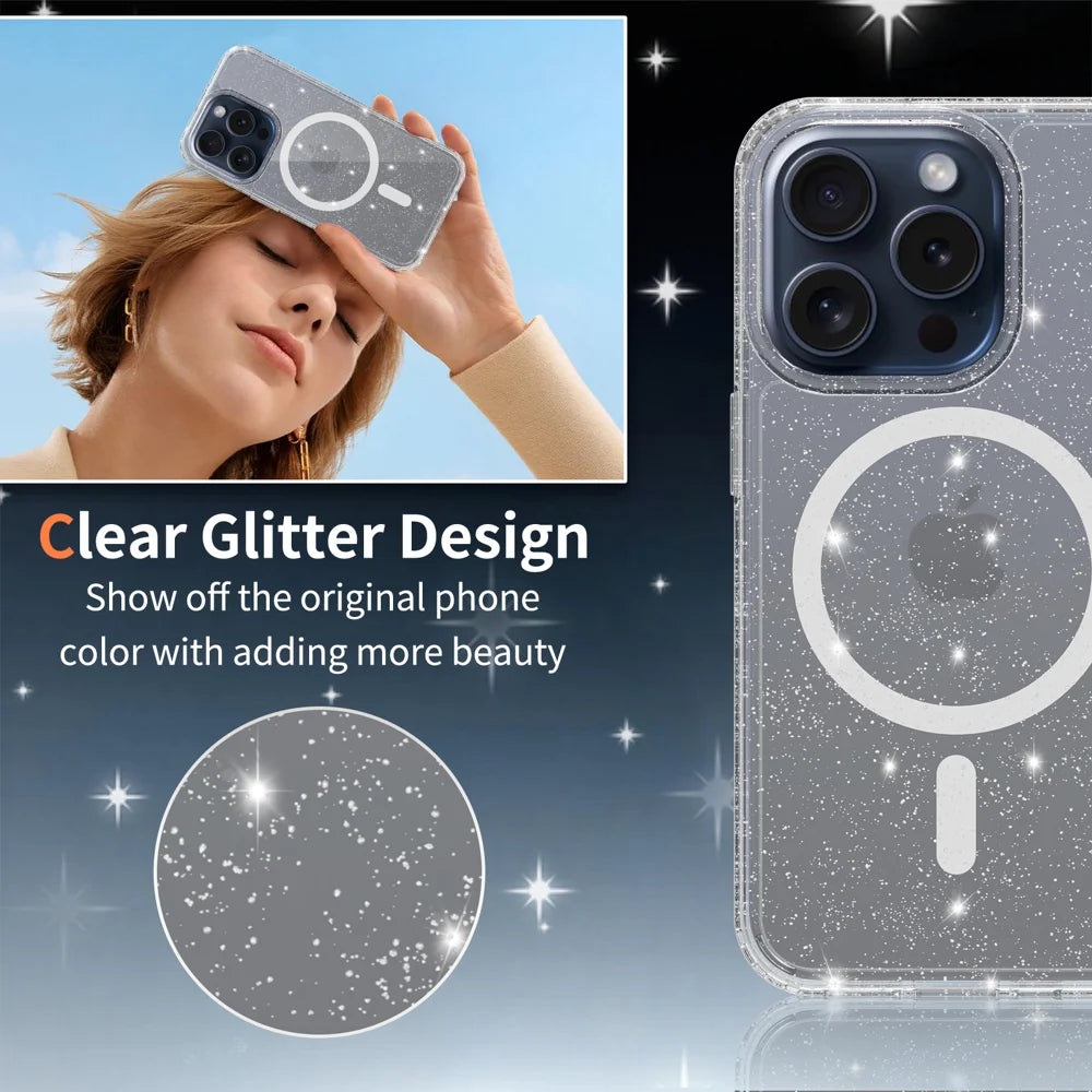 For iPhone 15 Pro Magnetic Case Glitter Design TPU PC PET Drop Proof Phone Cover - Transparent - 3