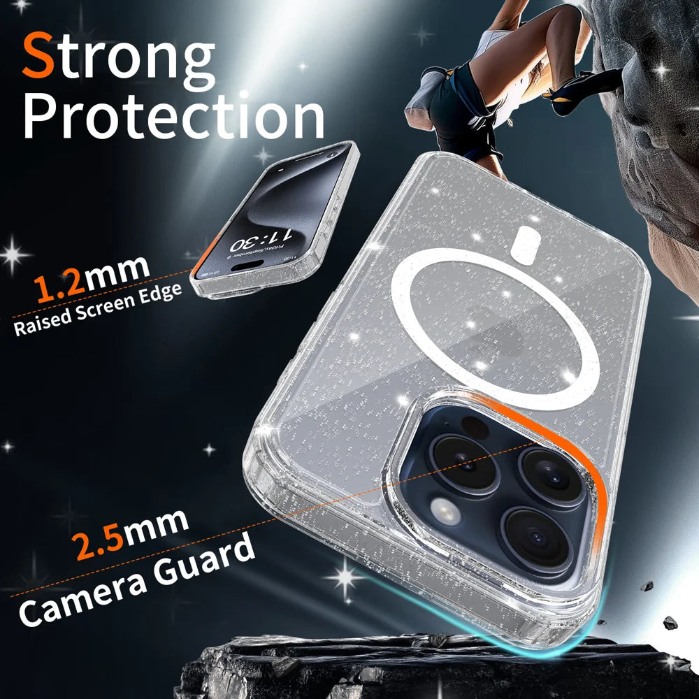 For iPhone 15 Pro Magnetic Case Glitter Design TPU PC PET Drop Proof Phone Cover - Transparent - 4