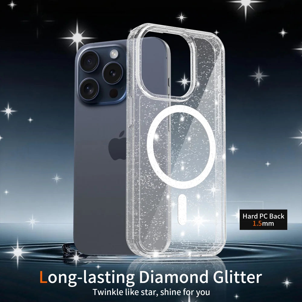 For iPhone 15 Pro Magnetic Case Glitter Design TPU PC PET Drop Proof Phone Cover - Transparent - 5