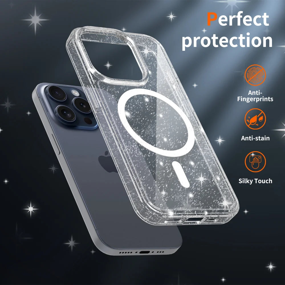 For iPhone 15 Pro Magnetic Case Glitter Design TPU PC PET Drop Proof Phone Cover - Transparent - 6
