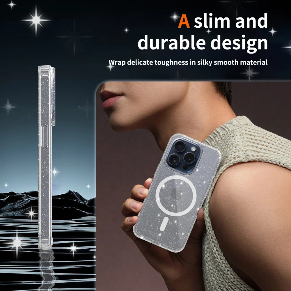 For iPhone 15 Pro Magnetic Case Glitter Design TPU PC PET Drop Proof Phone Cover - Transparent - 7