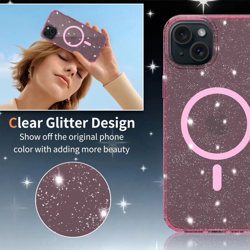 For iPhone 13 / iPhone 14 Magnetic Case Glitter Design TPU PC PET Drop Proof Phone Cover - Transparent Pink - 2