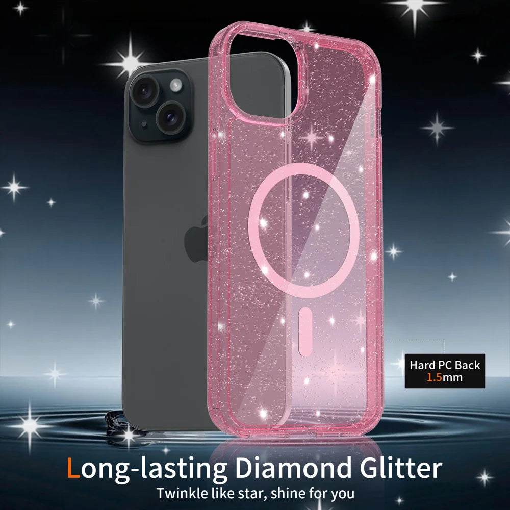 For iPhone 13 / iPhone 14 Magnetic Case Glitter Design TPU PC PET Drop Proof Phone Cover - Transparent Pink - 4