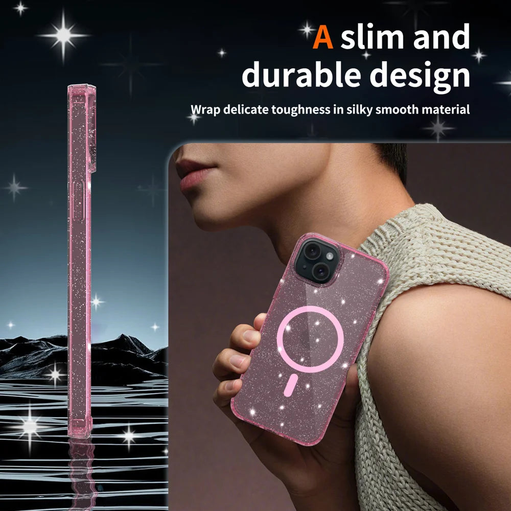 For iPhone 13 / iPhone 14 Magnetic Case Glitter Design TPU PC PET Drop Proof Phone Cover - Transparent Pink - 6