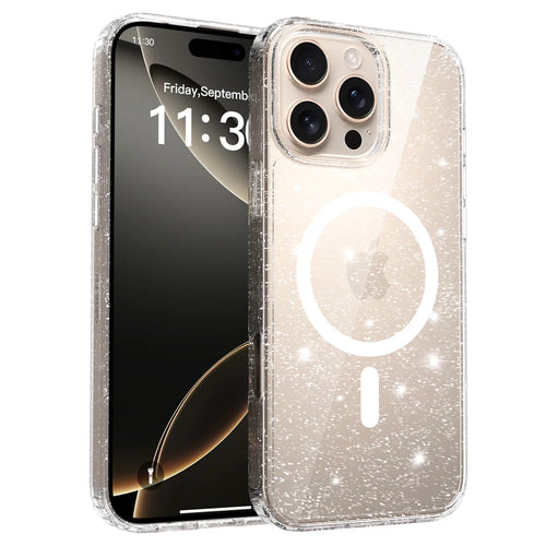 For iPhone 16 Pro Max Magnetic Case Glitter Design TPU PC PET Drop Proof Phone Cover - Transparent - 1
