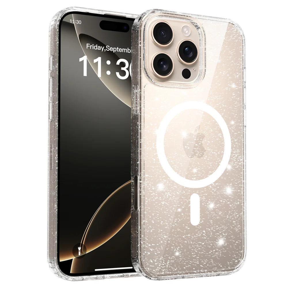 For iPhone 16 Pro Max Magnetic Case Glitter Design TPU PC PET Drop Proof Phone Cover - Transparent - 1