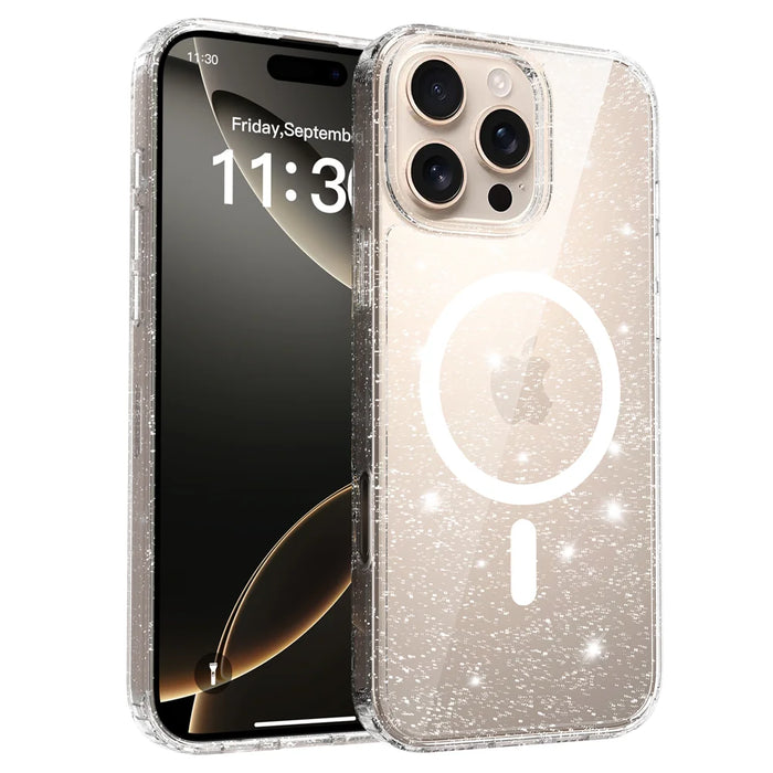 For iPhone 16 Pro Max Magnetic Case Glitter Design TPU PC PET Drop Proof Phone Cover - Transparent - 1